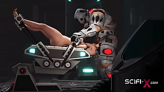 A sexy horny bald girl in cuffs gets fucked hard by a sex cyborg in the lab